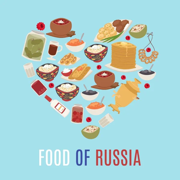 Russian cuisine and national food of Russia in heart shape form vector illustration with caviar, pancakes, borsch soup and vodka. — 스톡 벡터