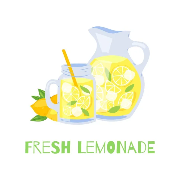 Refreshing lemonade glass jar with straw and pitcher with lemons and ice cubes vector illustration. — Stock Vector