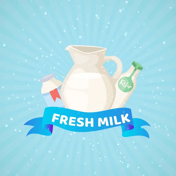 Frischmilchprodukt Milchbanner mit Markenmilchflaschen Sahne und Kefir mit Banner und Textvektorillustration. — Stockvektor