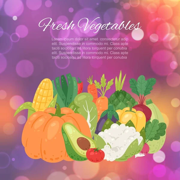 Friss tanyasi zöldségek bio és egészséges élelmiszerpiac rajzfilm vektor illusztráció poszter. — Stock Vector