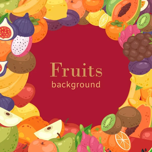 Nyári trópusi gyümölcs rajzfilm vektor illusztráció háttér tipográfia, kivi, narancs, alma és papaya, karambola és passió gyümölcs, füge, guava. — Stock Vector
