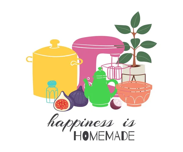 Happiness is homemade lettering with calligraphic font and decorated with kitchenware for cooking food vector illustration. — Stock Vector