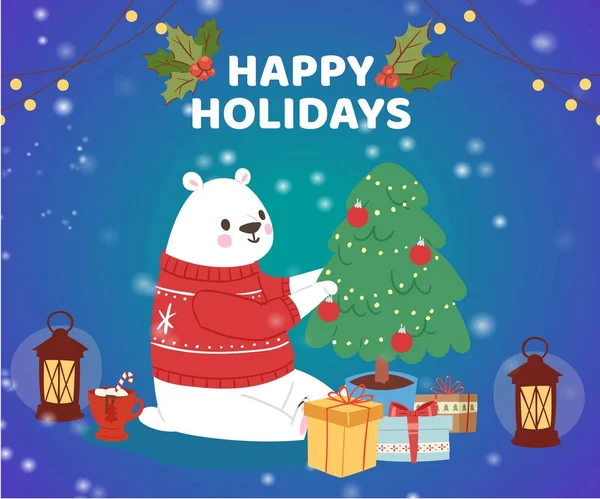 Christmas cartoon New Year polar bear in winter clothes with fir tree and gifts, greeting card design vector illustration. — 스톡 벡터