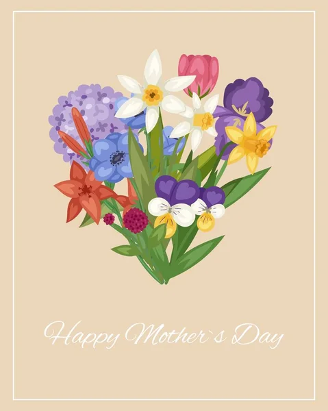 Bonne fête des mères coeur floral avec bouquet de fleurs d'été carte d'illustration vectorielle dessin animé . — Image vectorielle