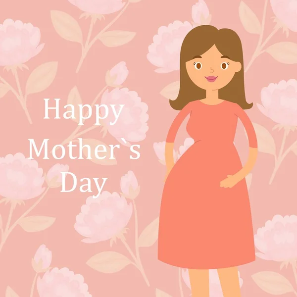 Hermosa mujer embarazada en rosa patrón de fondo floral para las madres felices día vector ilustración . — Vector de stock