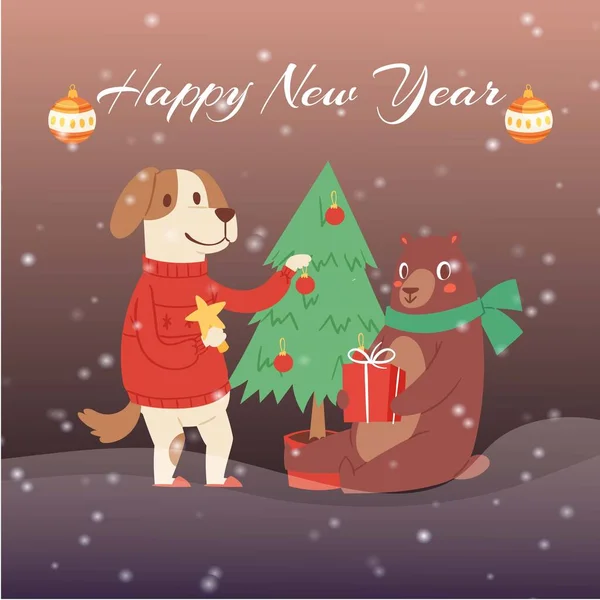 Bonne année dessin animé sapin, ours et chien en vêtements d'hiver avec des cadeaux, illustration vectorielle de conception de carte de vœux . — Image vectorielle