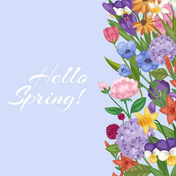 Hallo Frühling floralen Hintergrund mit Blumenstrauß Cartoon-Vektor-Illustration Karte oder Booklets Cover. — Stockvektor