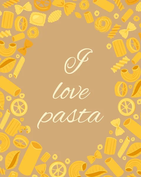 Nudeln verschiedene Arten Fusilli, Spaghetti, Gomiti Rigati, Farfalle und Rigatoni, Ravioli Poster Vektor Illustration. — Stockvektor