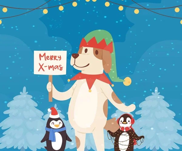 Feliz Natal engraçado cão e pinguins em chapéus de Papai Noel vermelho no inverno Floresta de Natal, guirlandas desenho animado ilustração do vetor . — Vetor de Stock