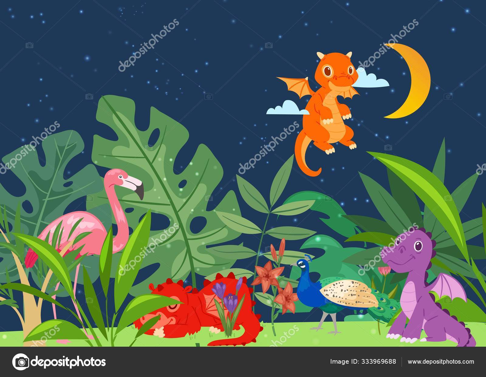 Lindos dinosaurios en el mundo de los dinos con palmeras, aves