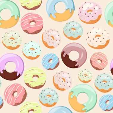 Pembe kremalı, jöleli ve dikişsiz vektör desenli çörekler. Kafeler, restoranlar, kafeler için arka plan. Menü için fırında çörek dokusu, web sitesi.