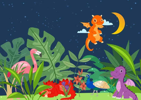 Söta dinosaurier i dino världen med palmer, exotiska fåglar på natten vektor illustration. Förhistorisk värld med söta bebisdrakar. Dinosaurie sover och flyger i tropiska växter. — Stock vektor