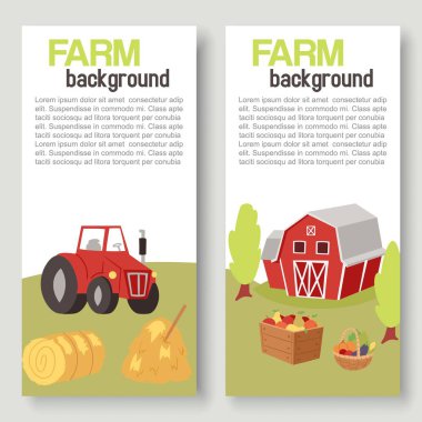 İki dikey bayraklı traktör ve ahır vektör karikatürü ile tarım ürünleri hasat ediyoruz. Tarım ve tarım. Tarım sektörü. Yazdırma medyası için sonbahar hasadı.