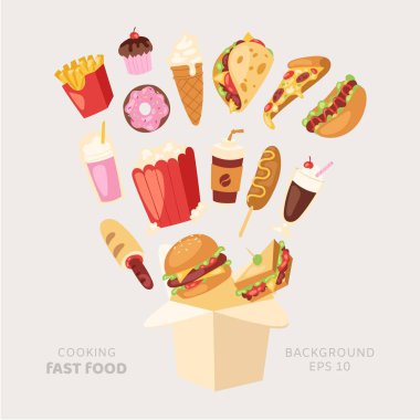Fast food pişirme vektör çizimi. Çizgi film sağlıksız hamburger, hamburger, kutudan fırlayan pizza. Fast food restoranı teslimatı, aperatifler....