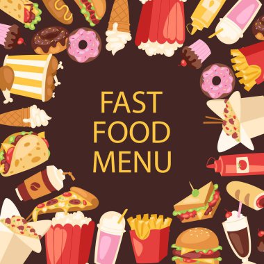Fast food menüsü çerçeve çizimi. Çizgi film sağlıksız hamburger, pizza ve sosisli sandviç, dondurma ve patates kızartması. Restoran örtüsü ya da poster için fast food menüsü.