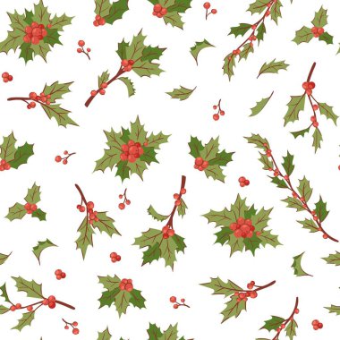 Noel meyveli ökseotu tatil geçmişi için kusursuz vektör deseni çizimi bırakır.