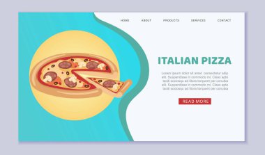 İtalyan pizzası taze ve sıcak pizzacı web şablonu vektör çizimi. Pizzeria, İtalyan pizzası sipariş et..