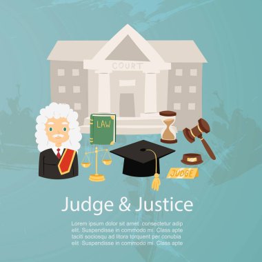 Judge man in judicial robe and wig, justice and court, law book and hummer cartoon character vector illustration. clipart