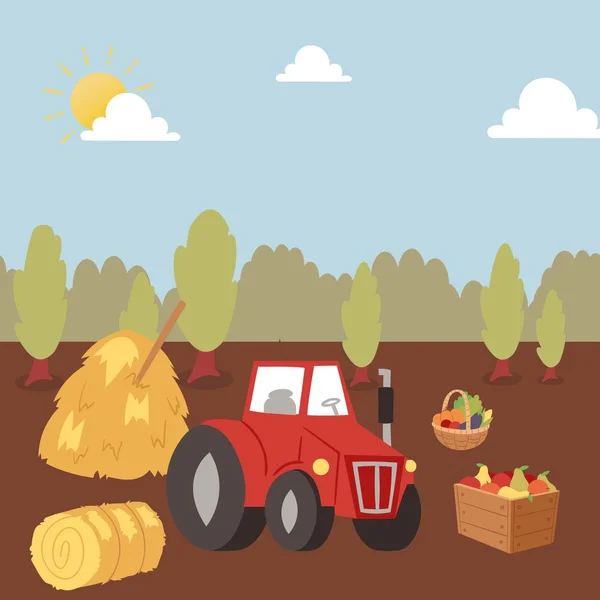 Συγκομιδή καλλιέργειες φθινόπωρο αγρόκτημα με ελκυστήρα διανυσματική απεικόνιση κινουμένων σχεδίων. Γεωργία και γεωργία. Γεωργικές επιχειρήσεις. Αγροτικό τοπίο με ελκυστήρα. Φθινοπωρινή συγκομιδή για έντυπα μέσα. — Διανυσματικό Αρχείο