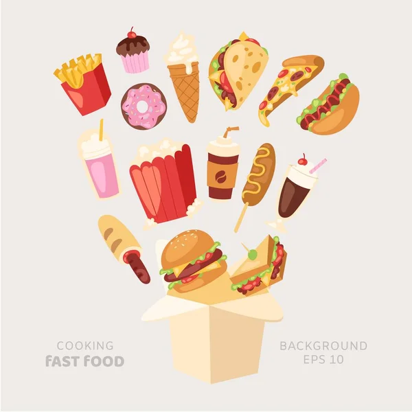 Fast food cooking vector illustration (em inglês). Sanduíche de hambúrguer não saudável dos desenhos animados, hambúrguer, pizza voando da caixa. Fast food restaurante refeição delievery, lanches 10 eps . — Vetor de Stock