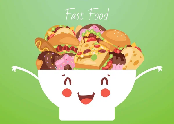 Fast food e snack in simpatico divertente sorridente kawaii ciotola vettoriale cartone animato illustrazione. Burger, pizza, popcorn, hot dog e ciambelle con cupcakes junk fast food . — Vettoriale Stock