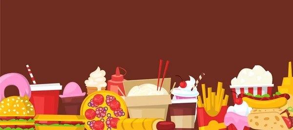 Fast food vector illustration of gorizontal banner. Cartoon illustration of burger sandwich, hamburger, pizza and hot dog. Fast food meal cover for restaurant menu or web banner. — 스톡 벡터