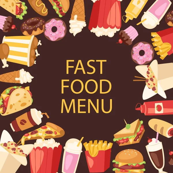 Fast-Food-Menü Frame Vector Illustration. Cartoon ungesunde Hamburger, Pizza und Hot Dog, Eis und Pommes. Fast Food Menü für Restaurant Cover oder Poster. — Stockvektor