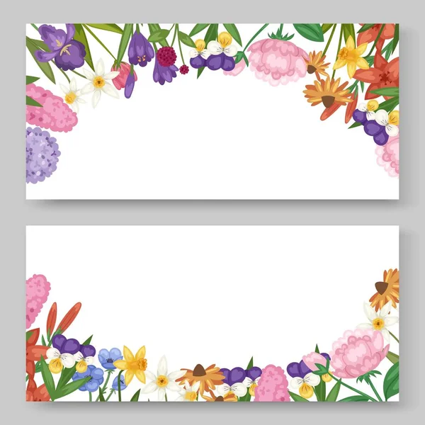 Floral banners set with garden and field flowers vector ilustration. Field or garden flowers, ανεμώνη, παιωνία και ίριδα, πολύχρωμα αγριολούλουδα σε στυλ ακουαρέλας. — Διανυσματικό Αρχείο