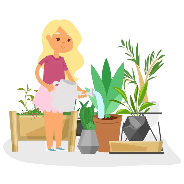 Дівчина поливає рослини в теплиці або саду Векторні ілюстрації. Садівництво домашніх рослин, що ростуть у горщиках. Дівчина піклується про домашні рослини. Касті, сукуленти і тропічні листя . — стоковий вектор