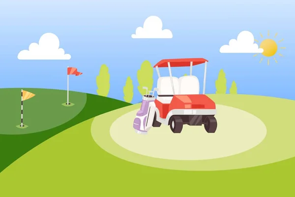 Golf tournament cartoon poster background vector illustration. Summer sports competition and outdoor leisure. Bag with golf clubs, car and red flag on green background. — 스톡 벡터