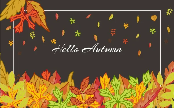 Bannière Hello Autumn avec des feuilles de bouleau, d'orme, de chêne, de rowan et d'érable sur fond noir illustration vectorielle . — Image vectorielle