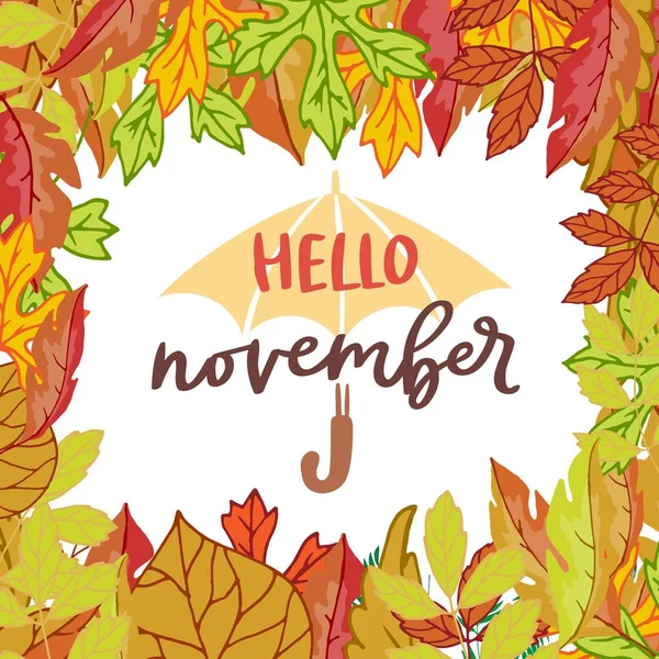 Olá novembro cartaz com bétula de outono brilhante, ulmeiro, carvalho, rowan e bordo folhas quadro vetor ilustração com guarda-chuva e letras . — Vetor de Stock
