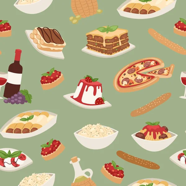 Italiensk mat med matlagning pizza, lunch pasta, spagetti och ost, desserter och vin sömlös mönster vektor illustration. — Stock vektor