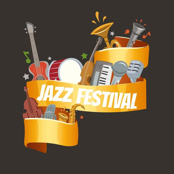 Festival de jazz ou fête avec instruments de musique saxophone, piano électrique et contrebasse et batterie avec inscription bannière illustration vectorielle . — Image vectorielle