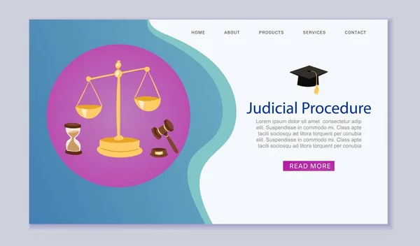 Procedimiento judicial, justicia y tribunal, derecho, escalas y hummer sitio web plantilla vector ilustración . — Archivo Imágenes Vectoriales