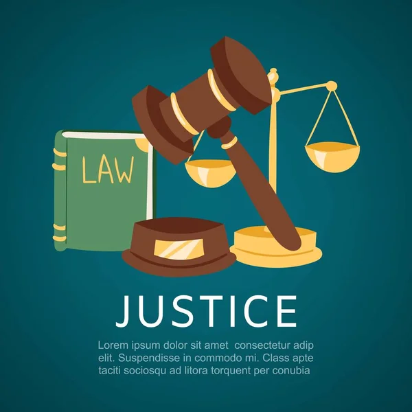 Justice and court, law book and hummer cartoon vector illustration. — 스톡 벡터