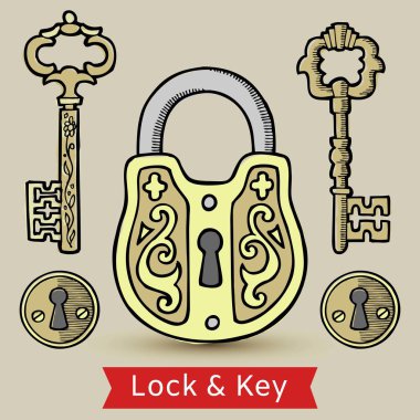 Klasik anahtarlar kilit ve anahtar delikleri izole vektör çizimi. Antik kilit, anahtar ve anahtar delikleri tipografiyle ev ve evleri kilitleyip açmak için..