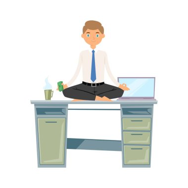 İş adamı meditasyonu, sakin olun ve para dengesi nilüfer yogası illüstrasyonuyla rahatlayın. Kafkas iş adamı bilgisayar masasında meditasyon yapıyor..