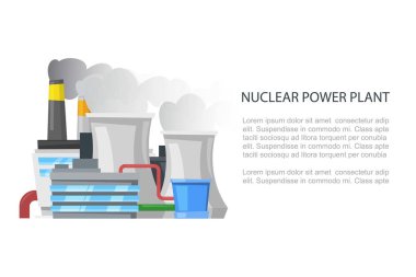 Nükleer enerji santrali, endüstriyel kumaşlar yenilenemez enerji kaynakları karikatür vektör çizimi.