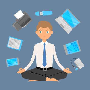 İşadamı ofis meditasyonu, Zen dengesi nilüfer yogası illüstrasyonunun etrafındaki ofis elektronik aletleriyle rahatlayın. Kafkasyalı işadamı ofiste meditasyon yapıyor..
