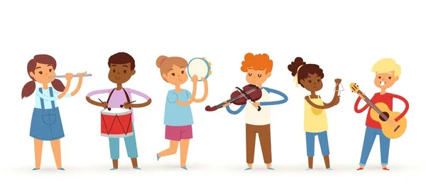 卡通音乐家的孩子，儿童音乐的矢量插图。 男孩和女孩的乐队。 有鼓、吉他、小提琴和长笛乐器的一组可爱的学校音乐学生. — 图库矢量图片