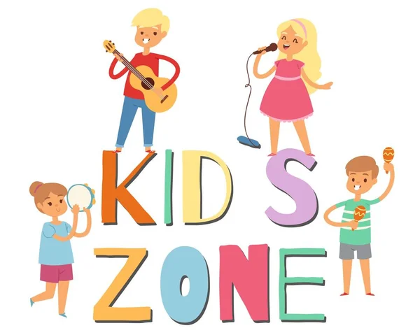 Cartoon musician children in kids zone, vector illustration. Boys and girls music band. Set of cute school musical student singing with drum, guitar instruments. — ストックベクタ