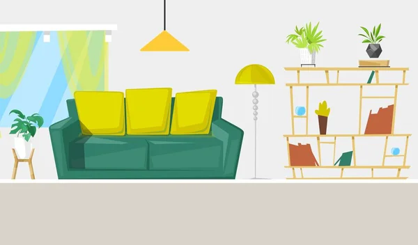 Salón de diseño de interiores con muebles ilustración vectorial de dibujos animados. Diseño de sala de estar con sofá, lámpara y estantes para el hogar, ventanas. Interior contemporáneo de la casa amueblada . — Vector de stock