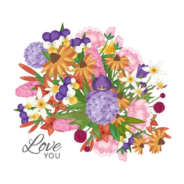 Bouquet de fleurs de jardin avec amour vous texte illustration vectorielle. Affiche romantique florale, carte ou valentines. Carte de vœux florissante. Fleurs en fleurs . — Image vectorielle