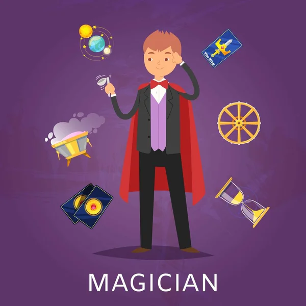 Magicien ou illusionniste en chapeau et manteau avec cartes magiques, shperes et outils pour l'illustration vectorielle de dessin animé de performance . — Image vectorielle