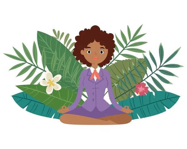 Meditación mujer de negocios, mantener la calma y relajarse espiritual zen equilibrio loto yoga vector ilustración. Mujer de negocios de piel negra haciendo yoga en plantas . — Archivo Imágenes Vectoriales