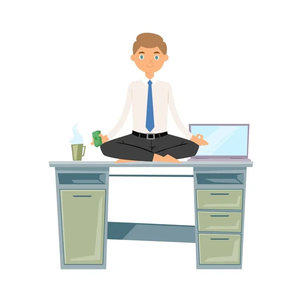 Homem de negócios meditação, manter a calma e relaxar com dinheiro zen equilíbrio lótus ioga vetor ilustração. Homem de negócios caucasiano meditando em mesa de computador . —  Vetores de Stock