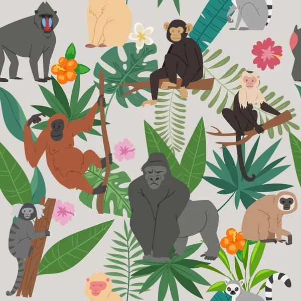 Macacos e folhas tropicais e árvores padrão sem costura vetor. Animais da selva, palma deixa fundo floral com macacos da selva exóticos e papel de parede macaco . —  Vetores de Stock