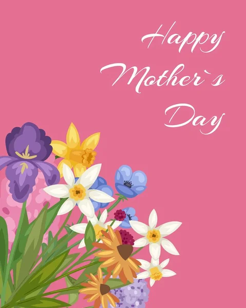 Feliz Día de las Madres tarjeta rosa con flores de primavera flor caricatura floral vector ilustración e inscripción de amor . — Vector de stock