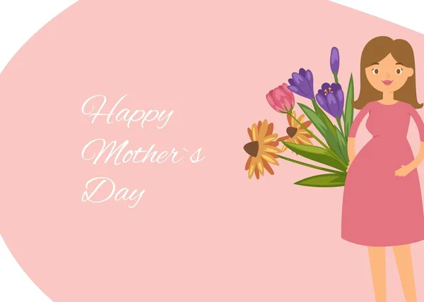 Mujer embarazada joven con vientre y flores sobre fondo de rosa para las madres felices día vector ilustración . — Vector de stock